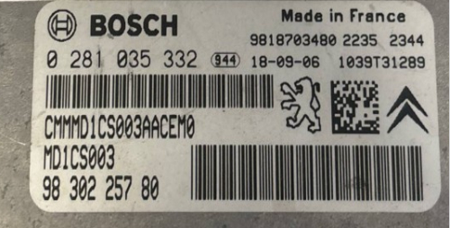Primjer naljepnice Bosch upravljačke jedinice - u gornjem retku je Bosch broj 0 281 035 332